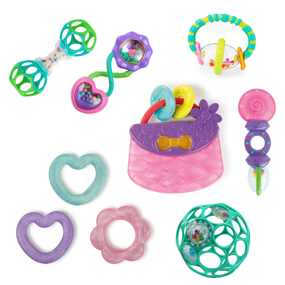 Bright Starts Everything Nice teether set: multi-texture relief for soothing gums.