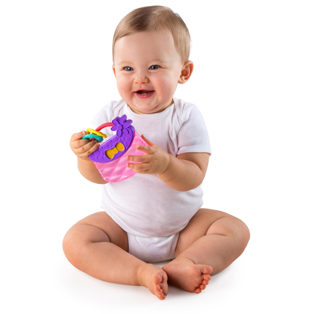 Bright Starts Oball rattles: bendable material and finger holes for tiny hands.