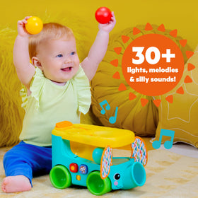 Bright Starts Safari Bus back compartment stores balls for tidy storage.