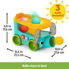 Bright Starts Safari Bus lights and tropical melodies engage baby during play.