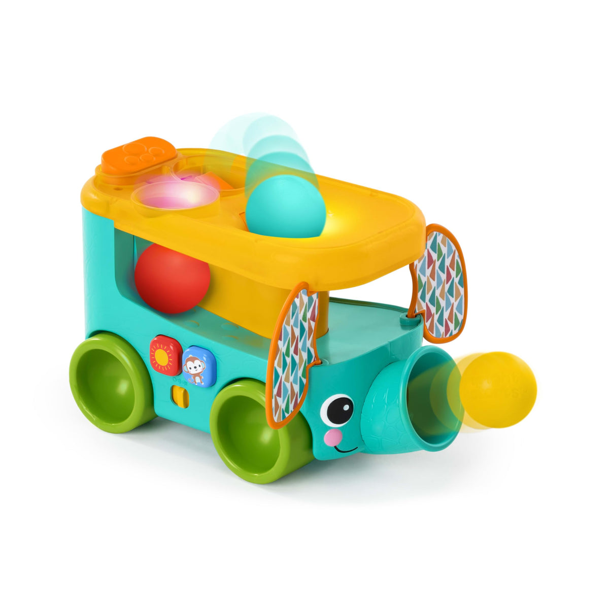 Bright Starts Safari Bus top holes for ball drops to boost fine motor skills.