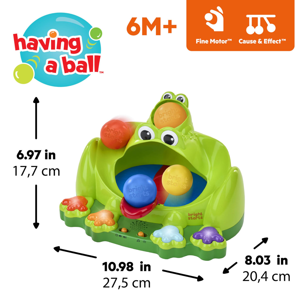 Bright Starts Poppin Ball Frog toy balls bounce on trampoline for engagement