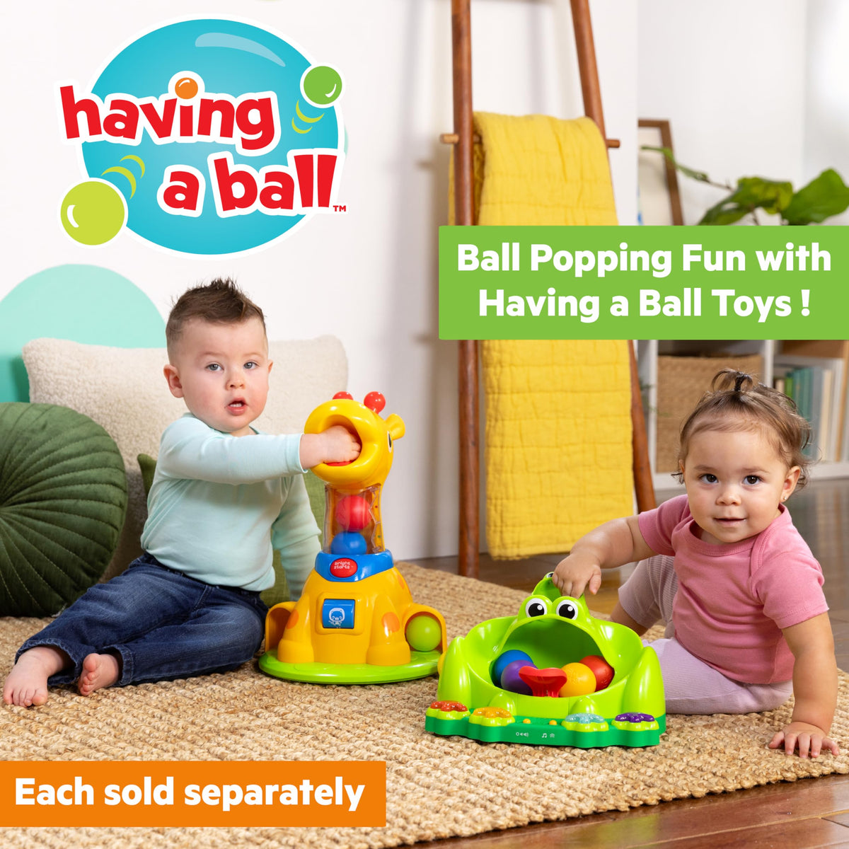 Bright Starts Poppin Ball Frog toy launch action demonstrates cause and effect