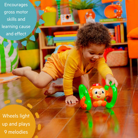 Bright Starts Roll & Glow Monkey chase along action promotes crawling interest.
