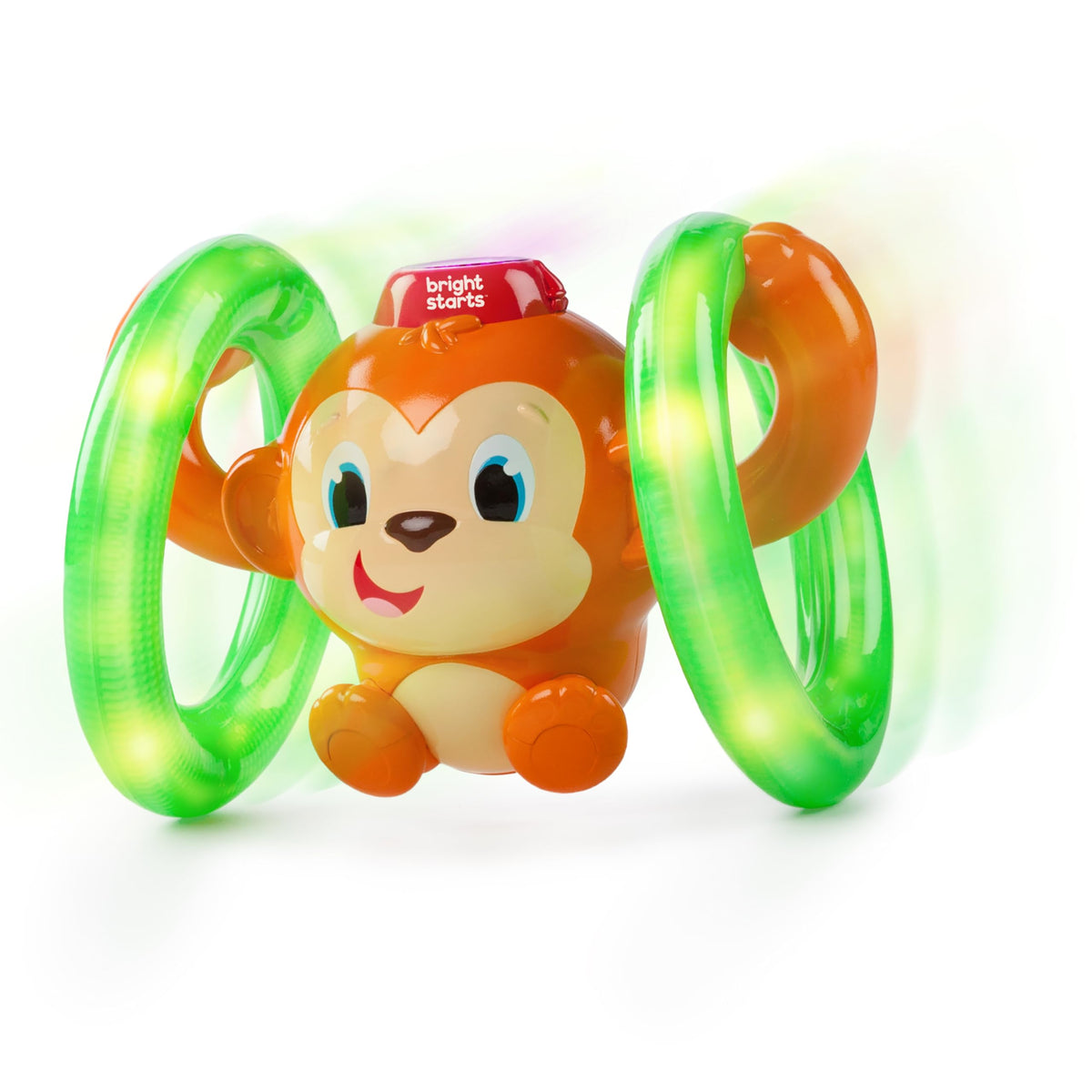 Bright Starts Roll & Glow Monkey head-tap action sparks movement.