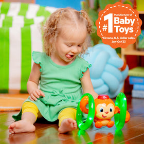 Bright Starts Roll & Glow Monkey plays sounds and lights for tummy time moments.