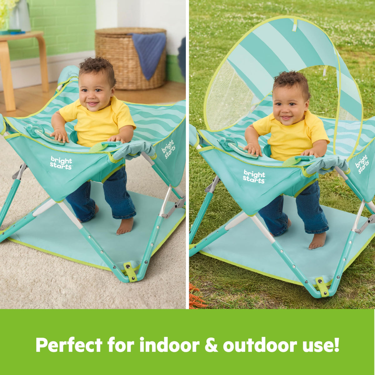 Bright Starts Sky Stripes Pop N Jump removable canopy protects baby from sun during outdoor play