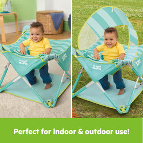 Bright Starts Sky Stripes Pop N Jump removable canopy protects baby from sun during outdoor play