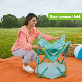Bright Starts Sky Stripes Pop N Jump sensory toys promote engagement with leaf texture and cloud rattle