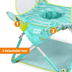 Bright Starts Sky Stripes Pop N Jump fabrics are machine-washable and easy to wipe-clean