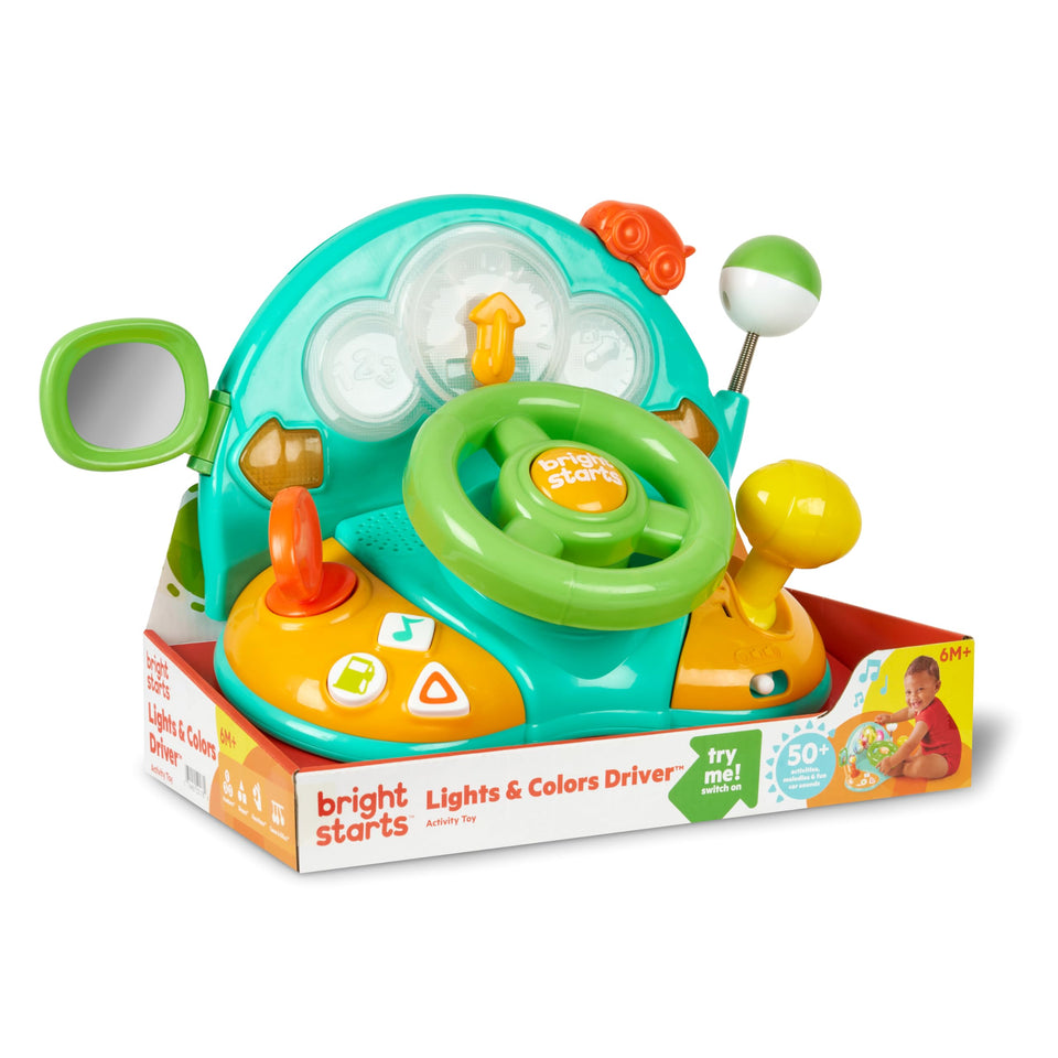 Bright Starts green steering wheel with interactive controls for imaginative driving play