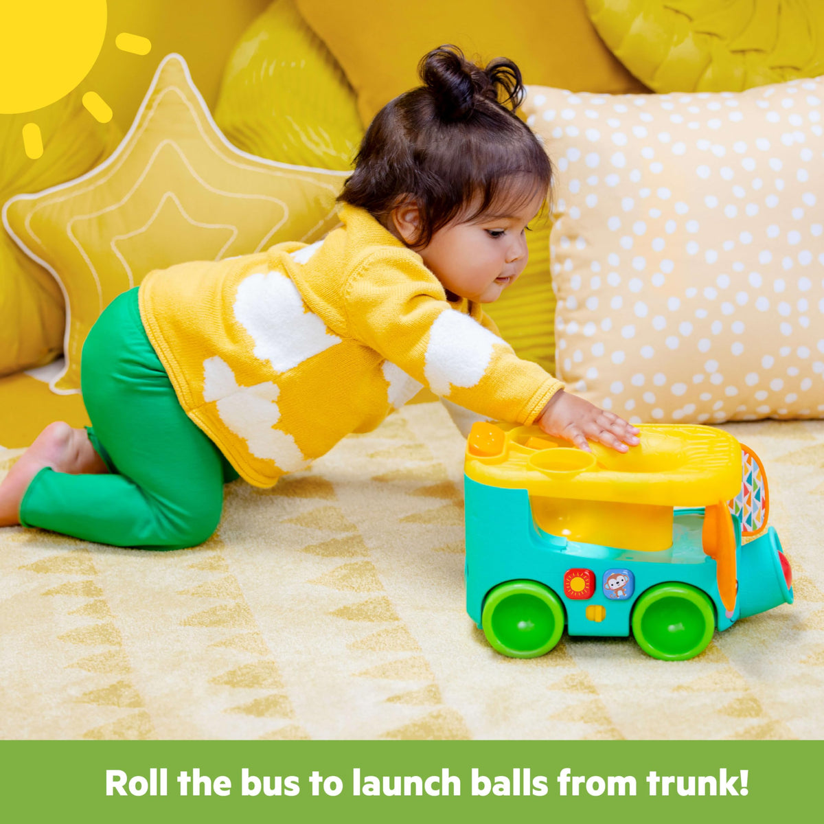 Bright Starts sun and monkey buttons play cheerful tunes during exploration.