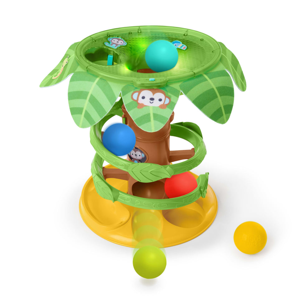 Bright Starts Tropical Twirl Ball Play Toy trunk-drop action encourages cause-and-effect exploration