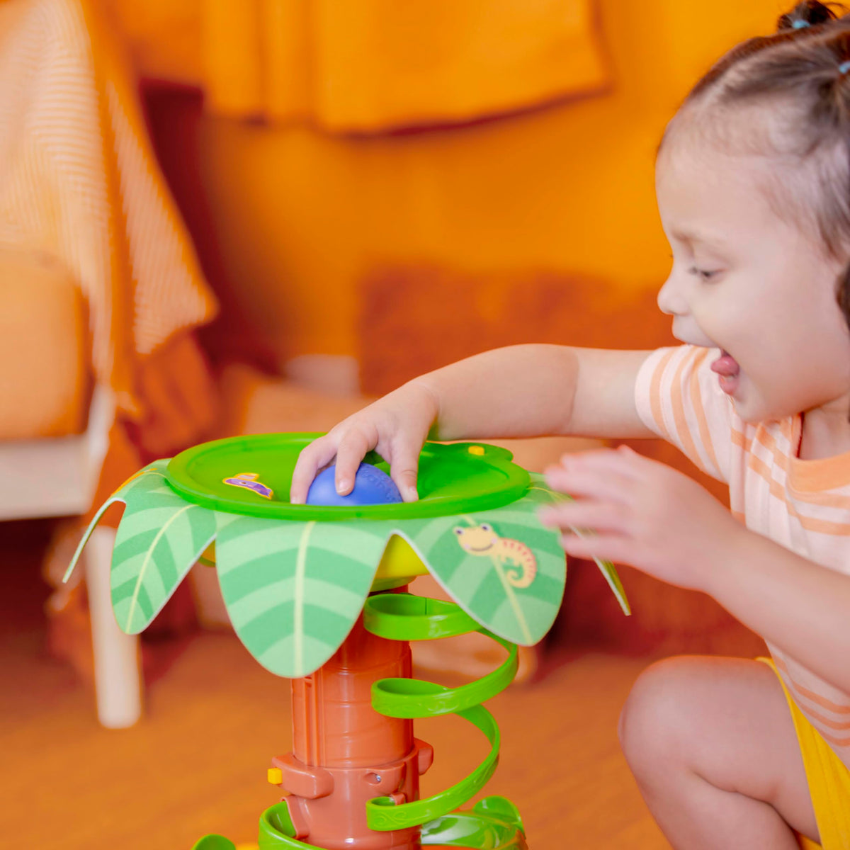 Bright Starts Tropical Twirl Ball Play Toy wrap-around ramp supports self-play