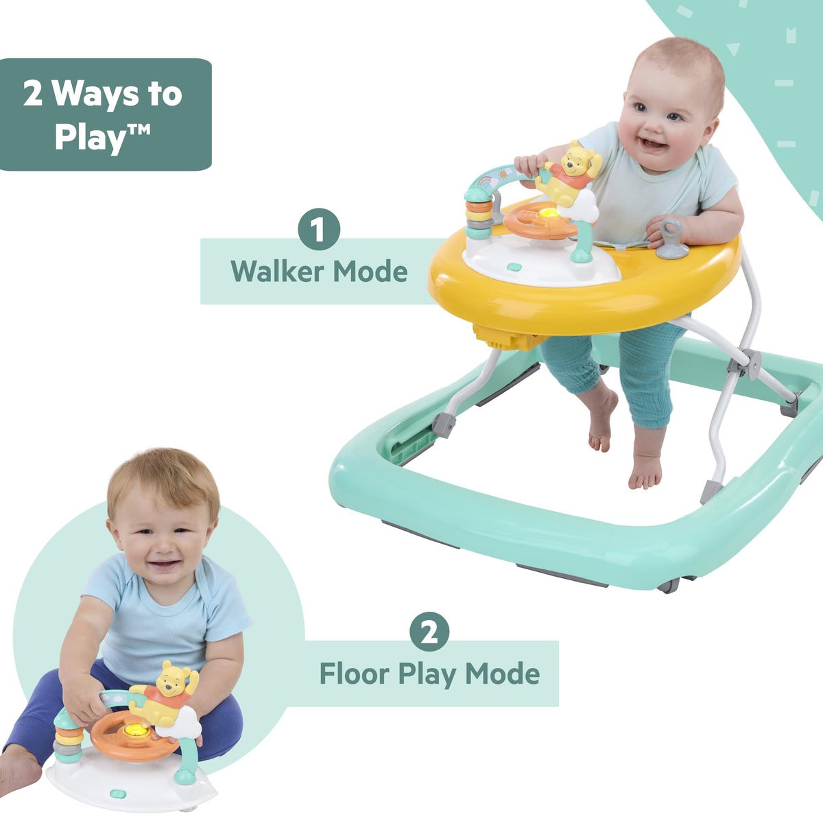 Bright Starts Winnie the Pooh walker side view with wheels smoothly gliding on floors