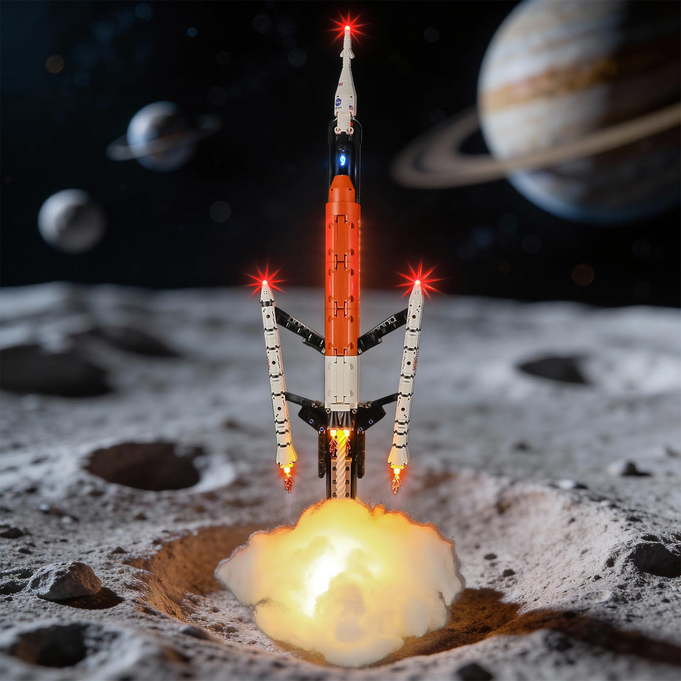 BRIKSMAX 2.0 light kit adds warm glow to NASA Artemis display.