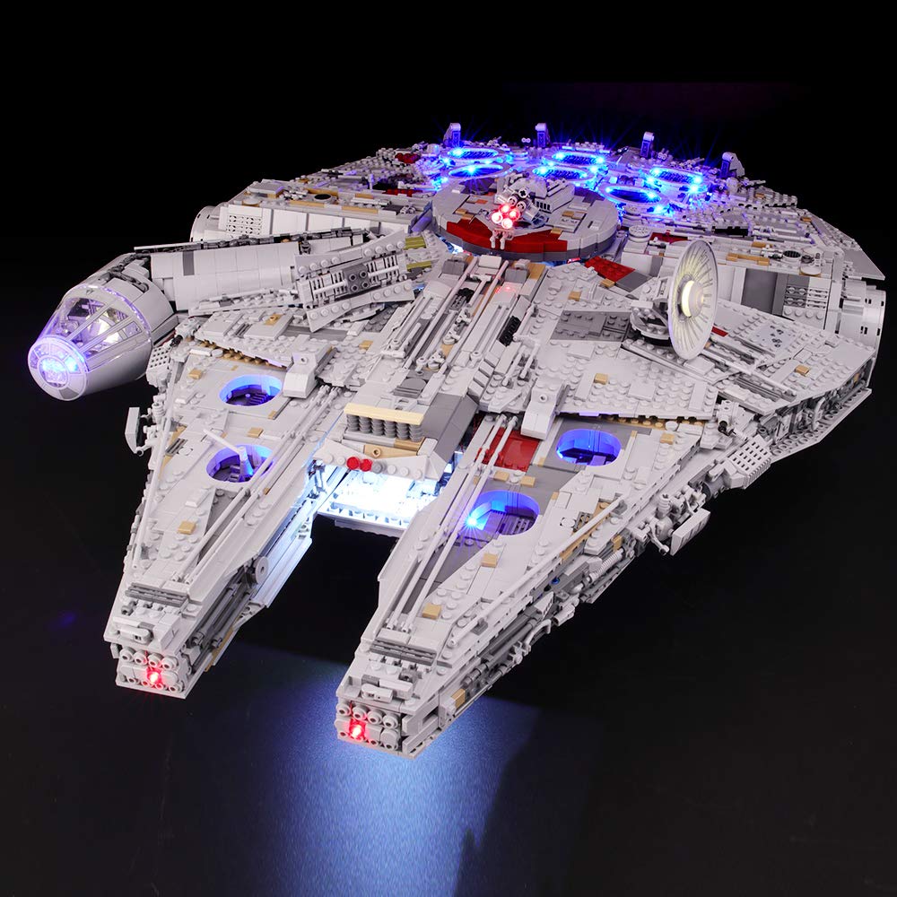 BRIKSMAX Millennium Falcon LED strip highlights hull details for a vivid display