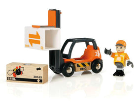 BRIO 33573 fork lift in action for imaginative cargo loading and unloading.