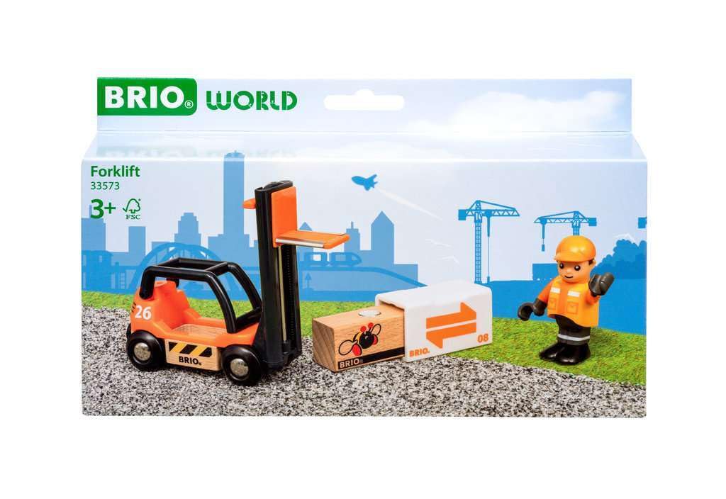 BRIO worker figurine beside the forklift supports role-play and storytelling.
