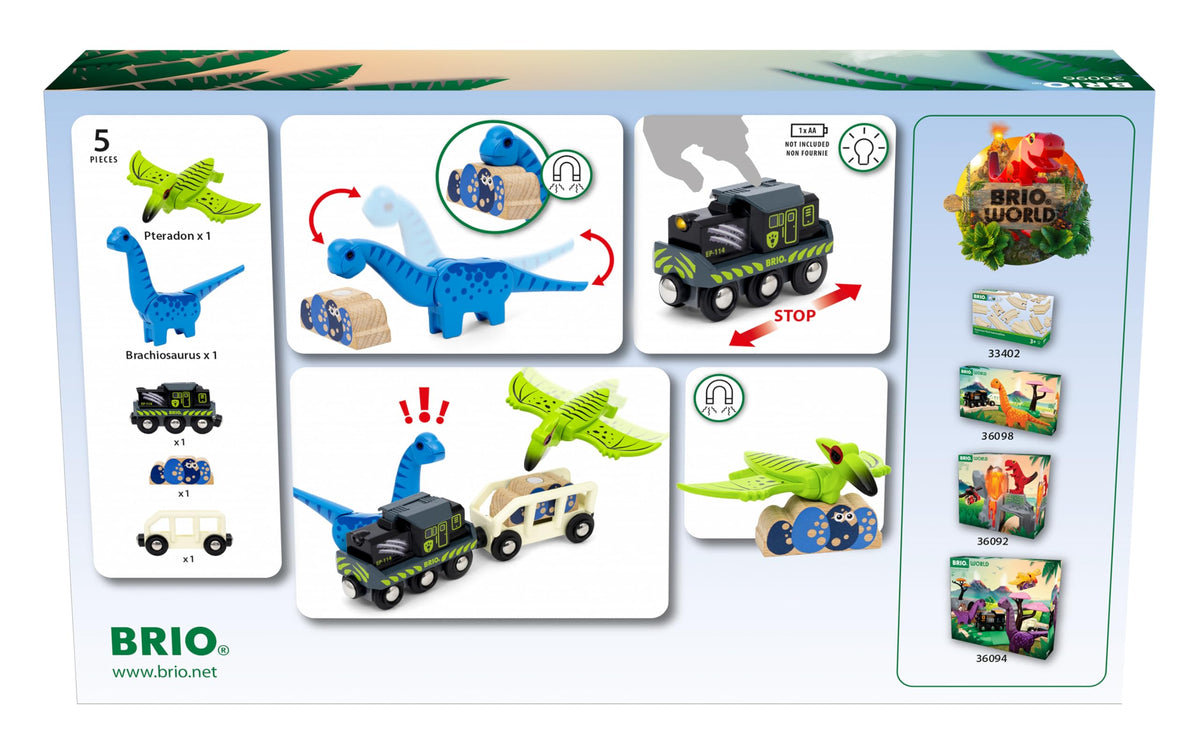 BRIO 36096 dinosaur battery train wagon carries dinosaurs and eggs across tracks