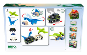 BRIO 36096 dinosaur battery train wagon carries dinosaurs and eggs across tracks