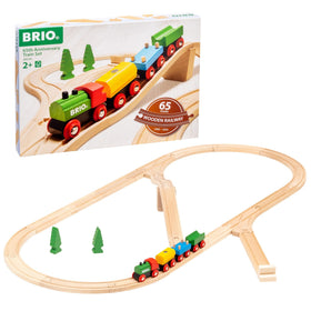 BRIO Classic 65th Anniversary train engine with wagons fuels imaginative storytelling.
