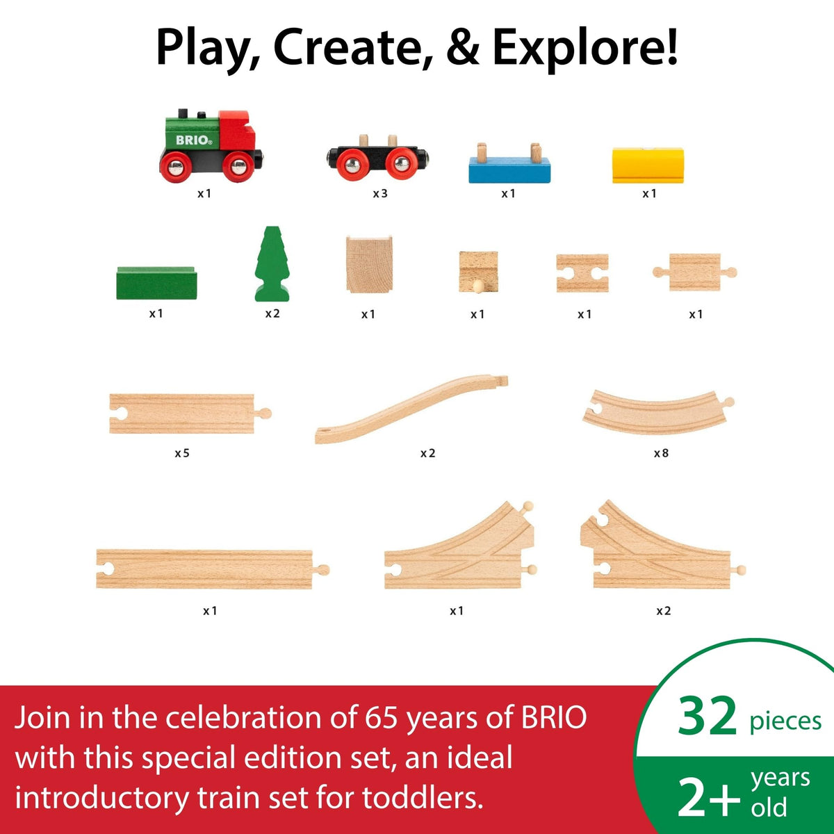 BRIO Classic 65th Anniversary wooden wagons connect magnetically for quick layout changes.