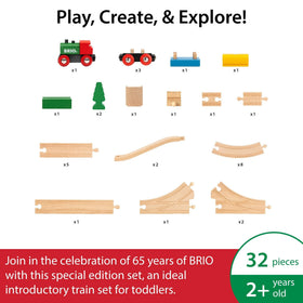 BRIO Classic 65th Anniversary wooden wagons connect magnetically for quick layout changes.