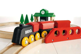 BRIO Classic Figure 8 set depot station with durable wood for learning through pretend visits.