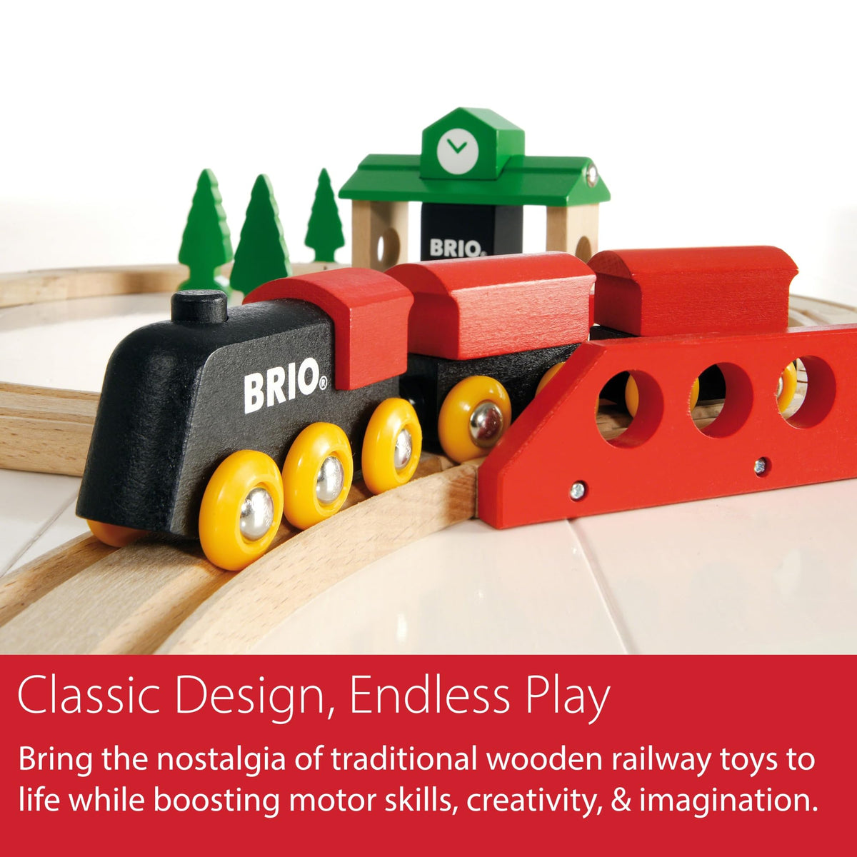 BRIO Classic Figure 8 set tracks provide smooth connectivity with compatible wooden rail systems.