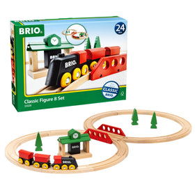 BRIO Classic Figure 8 set train engine on a wooden track encouraging imaginative play.