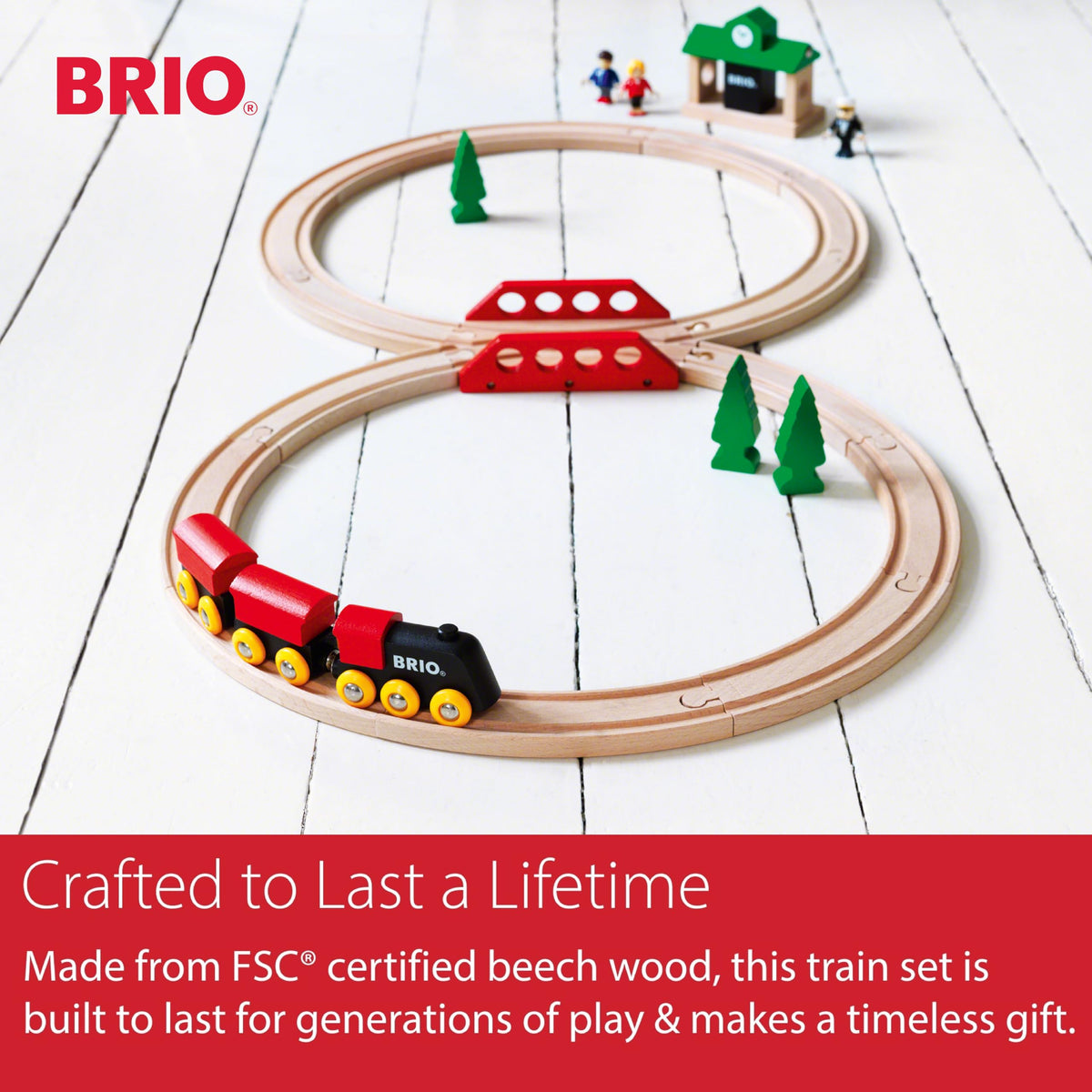 BRIO Classic Figure 8 set wooden station offers sturdy play hub.