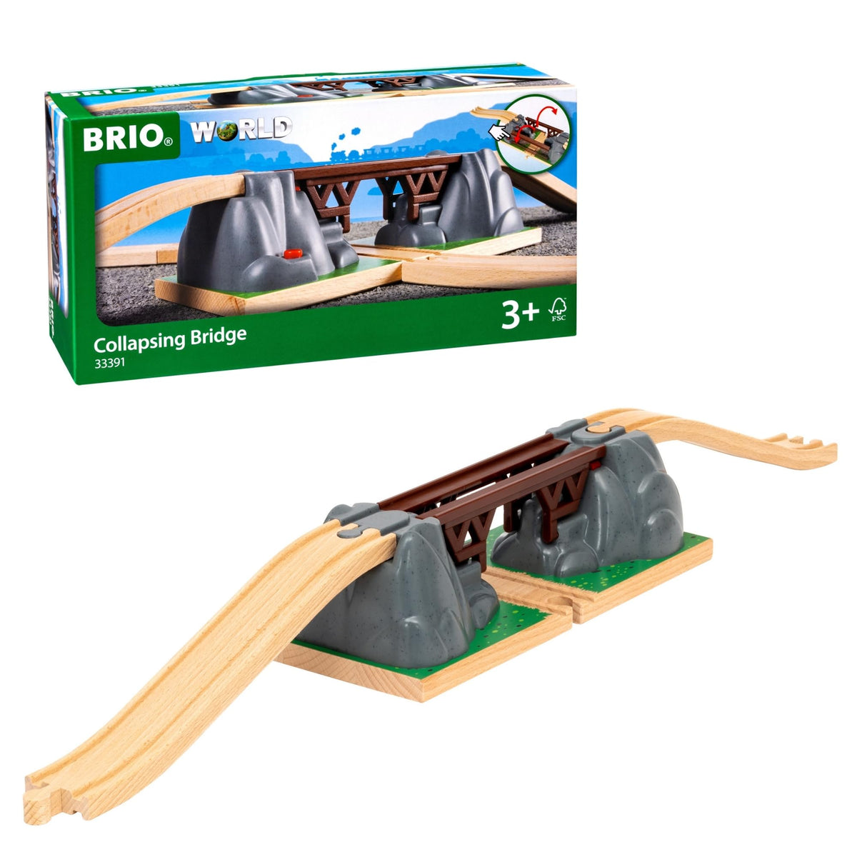 BRIO Collapsing Bridge 3-piece set expands a child's wooden railway world.