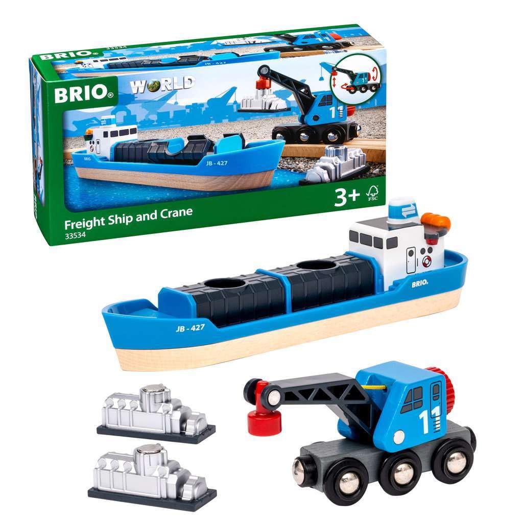 BRIO container ship and crane wagon in a playroom to spark imaginative train adventures.