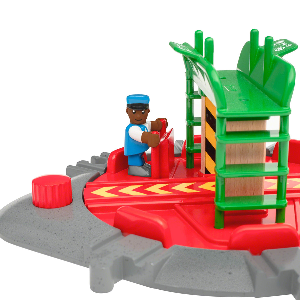 BRIO World engineer figure ready to operate the turntable during play.