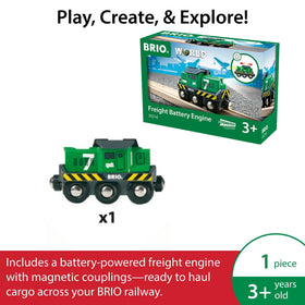 BRIO Freight Battery Engine pulling long sets supports expansive railway worlds.