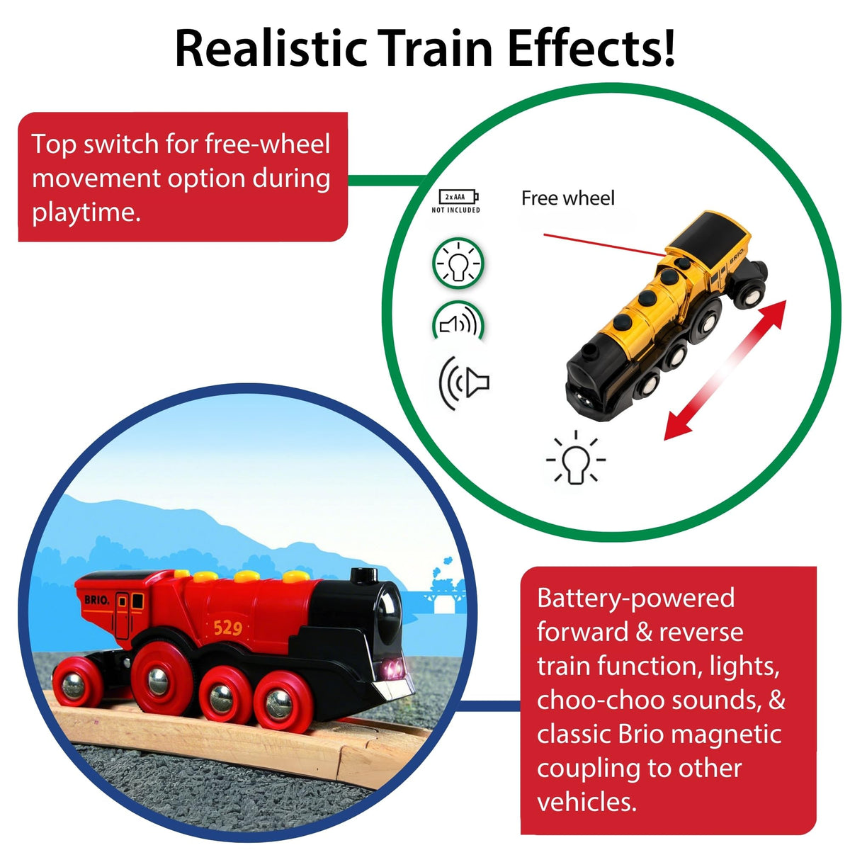 BRIO Mighty Golden Action Locomotive buttons demonstrate forward, stop, and reverse actions for dynamic storytelling.