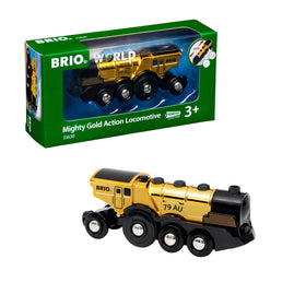 BRIO Mighty Golden Action Locomotive front view on wooden track for imaginative play.