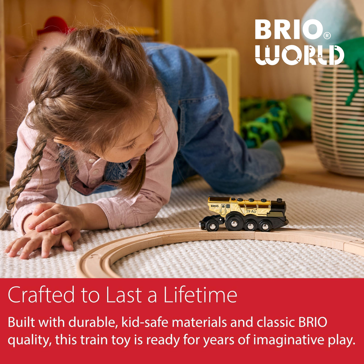 BRIO Mighty Golden Action Locomotive in action sparks creative journeys and pretend adventures.