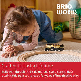 BRIO Mighty Golden Action Locomotive in action sparks creative journeys and pretend adventures.