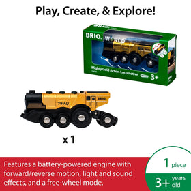 BRIO Mighty Golden Action Locomotive with lights and sound enhances playtime experiences.