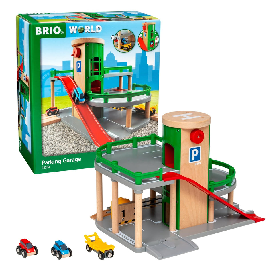 BRIO Parking Garage 2-level view with two cars, great for imaginative play.