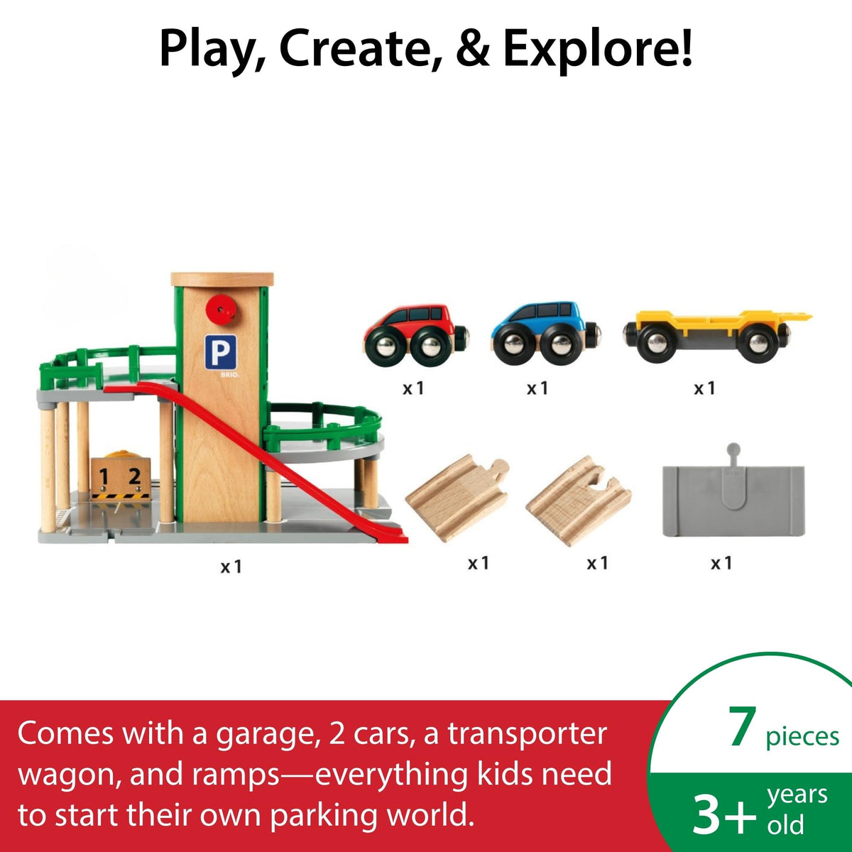 BRIO Parking Garage car and ramp close-up, encourages fine motor skills.