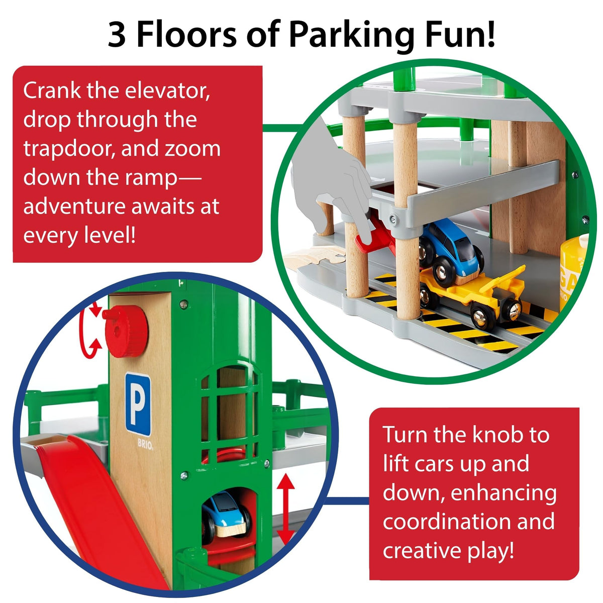 BRIO Parking Garage transporter wagon interacting with tracks enhances coordination.