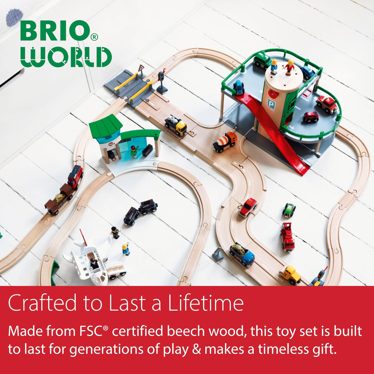 BRIO Parking Garage fits into existing BRIO train sets for seamless play.
