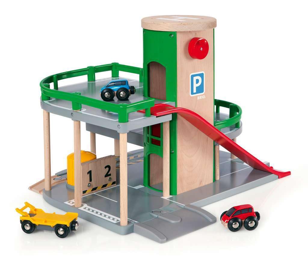 BRIO Parking Garage wooden ramp tracks showing compatibility with BRIO sets.
