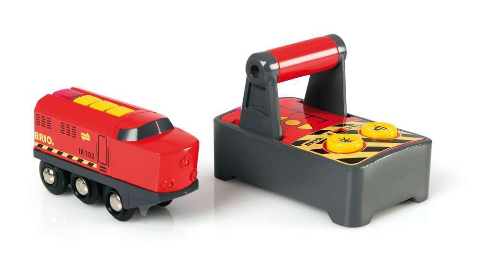 BRIO RC controller with forward and reverse buttons enables kid-friendly locomotive operation.