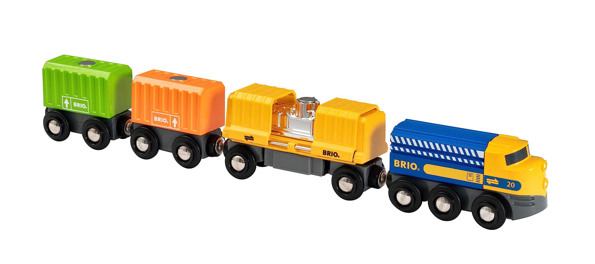 BRIO Three-Wagon Cargo Train front view showcasing vibrant colors for imaginative play