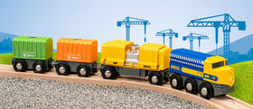 BRIO cargo train wagons close-up with orange and light green containers