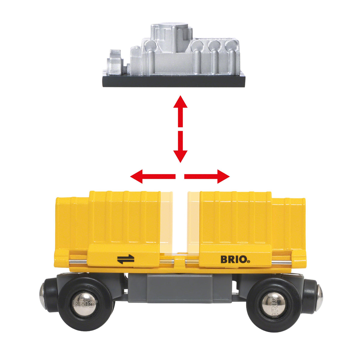 BRIO train with sliding yellow cargo wagon door revealing engine